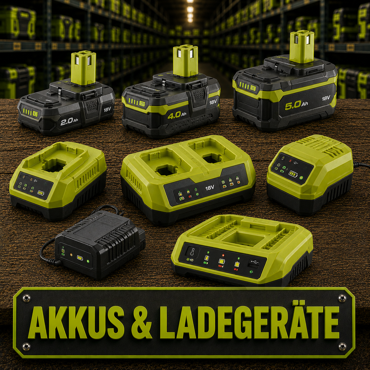 Akkus und Ladegeräte - Bild KI-generiert, dient nur zur Orientierung und stellt keine realen Produkte dar