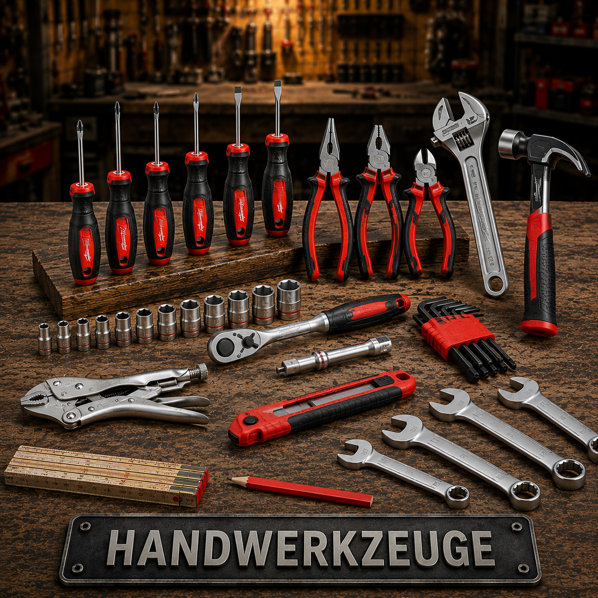 Verschiedene Handwerkzeuge mit Zangen, Schraubendrehern, Ratsche, Stecknüssen, Schraubenschlüsseln und Hammer - Bild KI-generiert, dient nur zur Orientierung und stellt keine realen Produkte dar