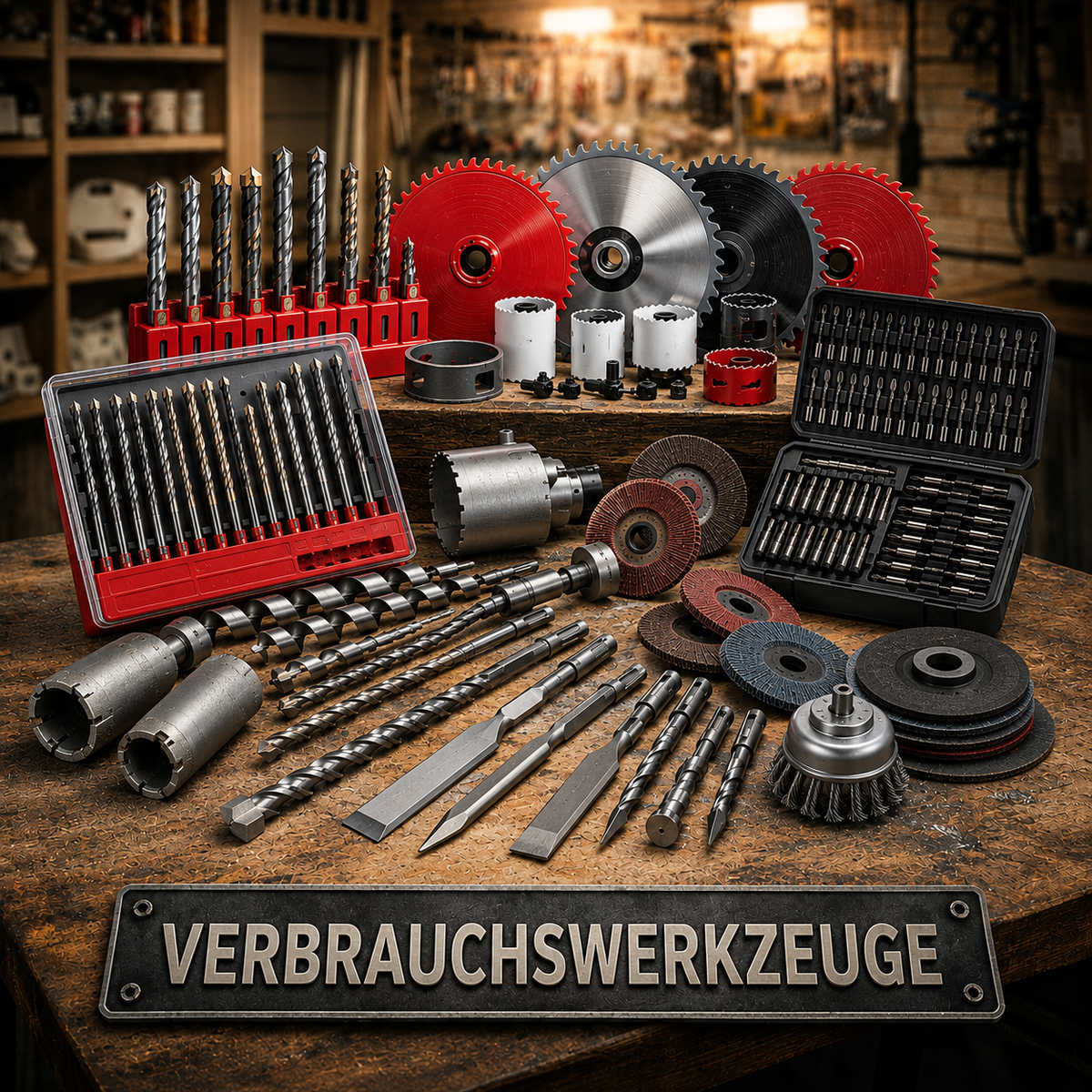 Verschiedene Verbrauchswerkzeuge mit Bohrern, Sägeblättern, Fräsern und Schleifmitteln - Bild KI-generiert, dient nur zur Orientierung und stellt keine realen Produkte dar